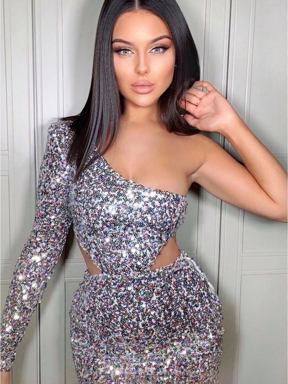 Fashion Nova One-Shoulder Sequin Cutout Dress in Silver Multicolor|Size XS